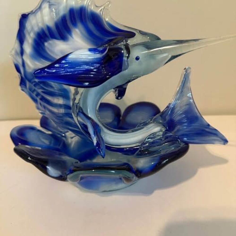 Murano Blue and White Glass Marlin Figurine bowl/ashtray